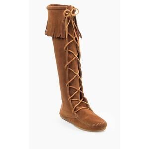 Minnetonka Tall Fringe Lace-Up Suede Boot in Chestnut Brown